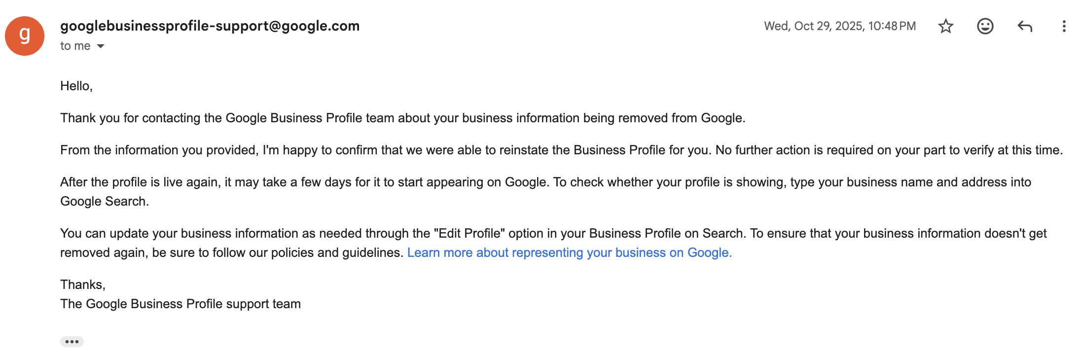 Profile reinstated proof screenshot