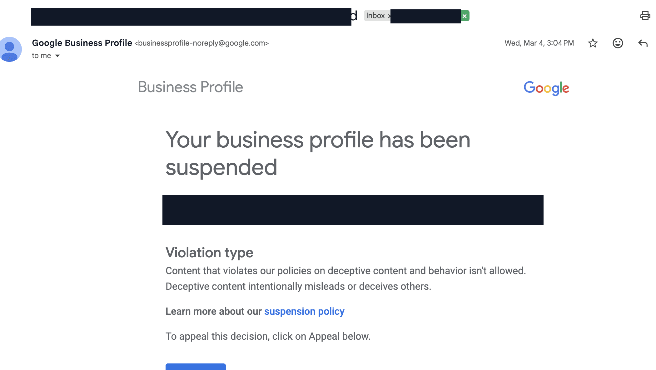 Suspension notice proof screenshot