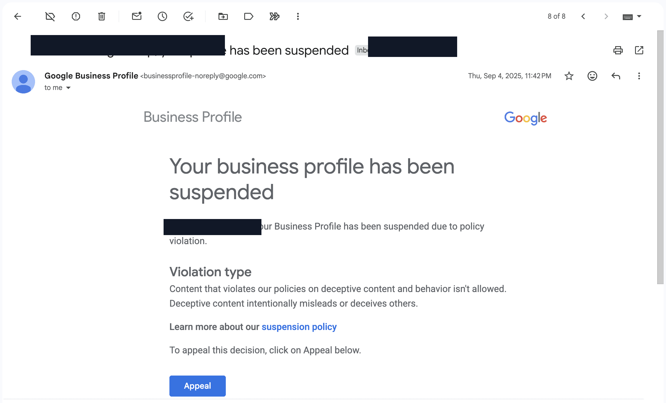 Profile suspended proof screenshot
