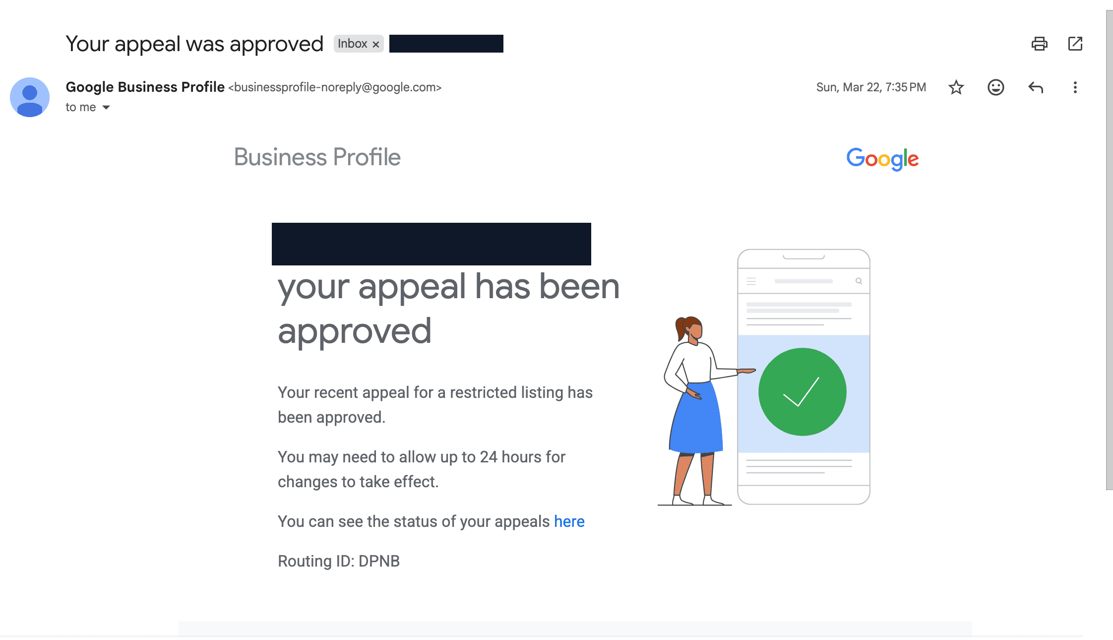 Google Business Profile appeal approval email