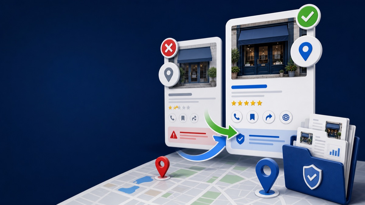 Two duplicate Google Business Profile listings being reviewed and consolidated into the correct business listing