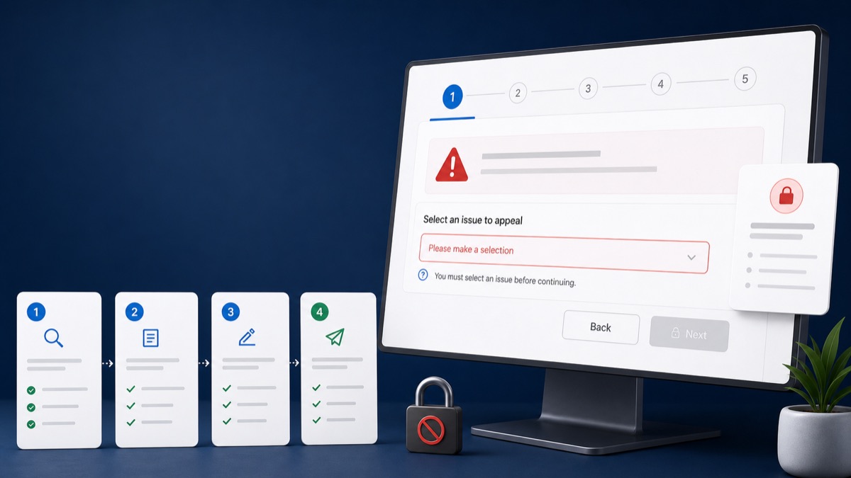 Google Business Profile appeals workflow blocked before an issue can be selected
