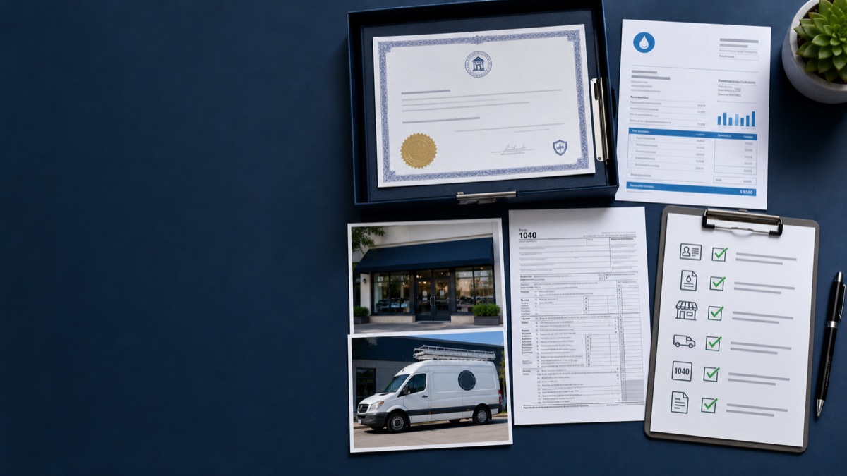 Organized GBP reinstatement evidence including registration, utility document, storefront and work vehicle photos