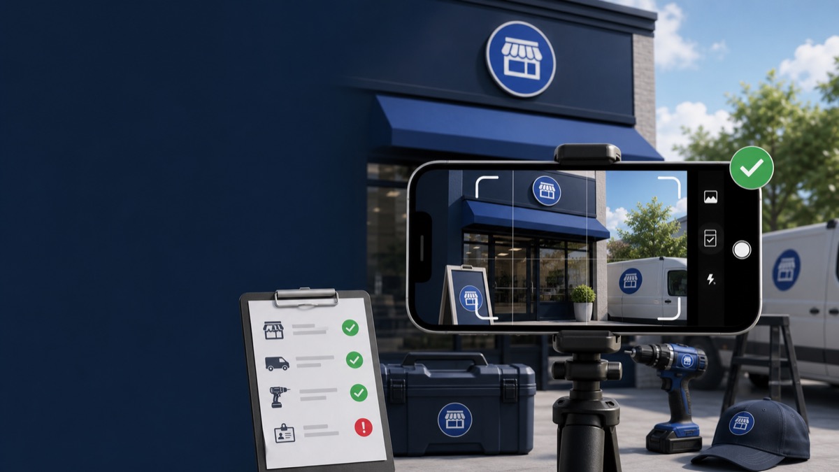 Mobile phone recording storefront signage, branded equipment and management proof for GBP video verification