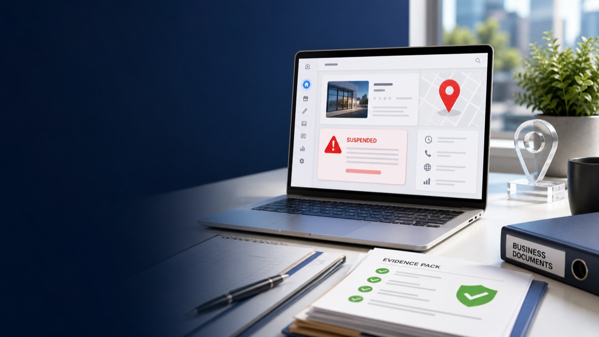Professional Google Business Profile appeal review with suspension notice and organized evidence documents