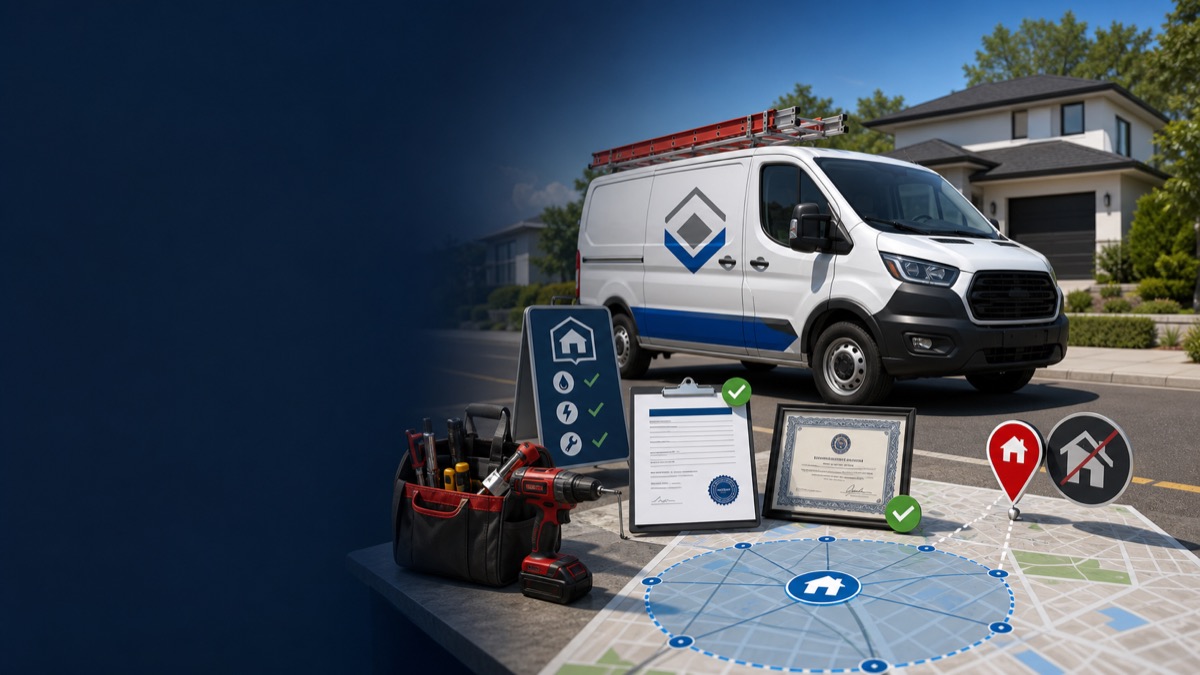 Service-area contractor vehicle, tools, licence and map used as Google Business Profile evidence